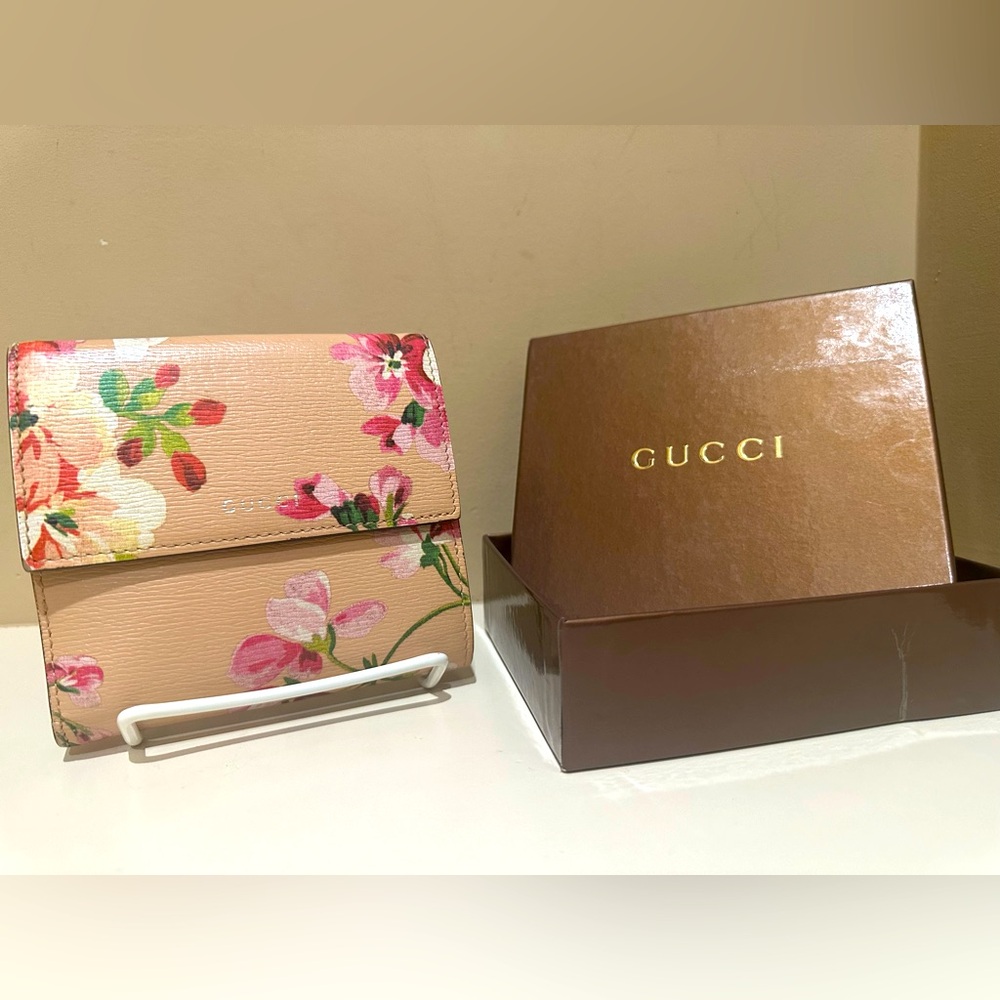 GUCCI Blooms French Flap Leather Wallet Bifold W/box